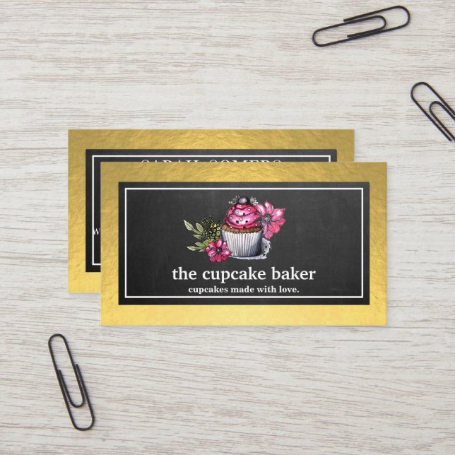 Modern Cupcake Bakery Pastry Chef Catering Border Business Card (Front/Back In Situ)