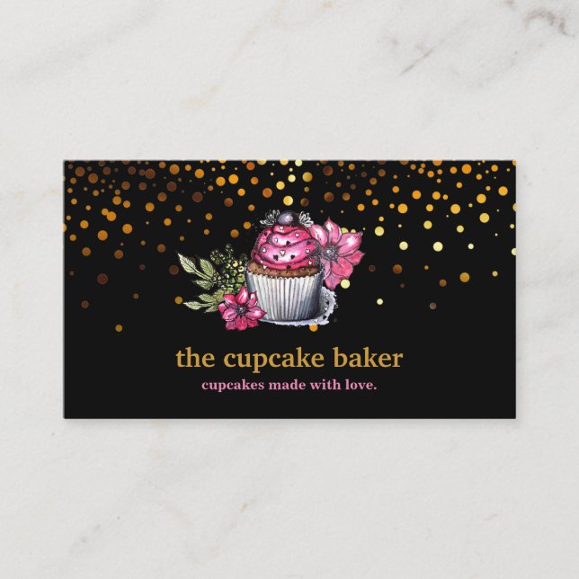 Modern Cupcake Logo Bakery Chef Catering Confetti Business Card (Front)