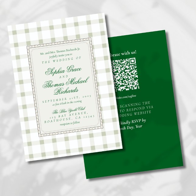 Modern Cursive Script Chequered Wedding Invitation (Bring understated style to your big day with this Earth Tone Green Wedding Invitation!)