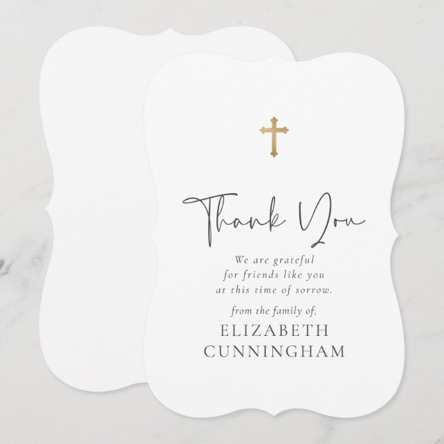 Modern Cursive Script Faux Gold Cross Memorial Thank You Card (Front/Back)