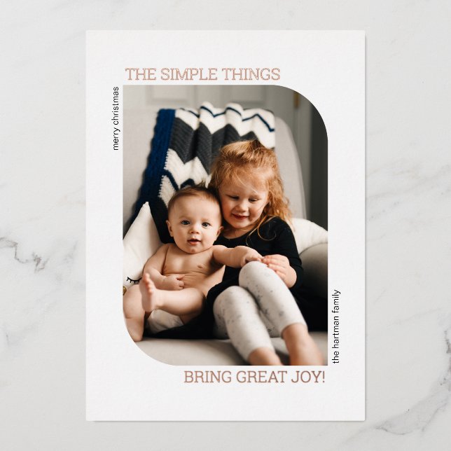 Modern Curved Frame Photo Minimal Christmas Foil Holiday Card (Front)