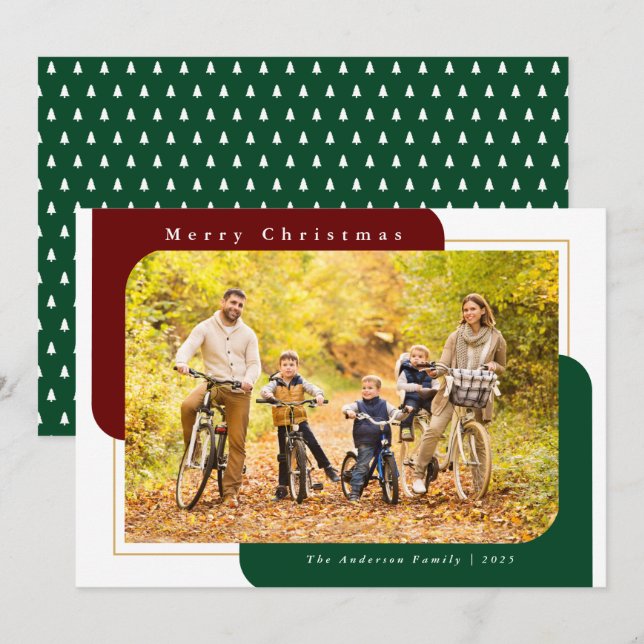 Modern Curved Photo Red and Green Christmas Holiday Card (Front/Back)