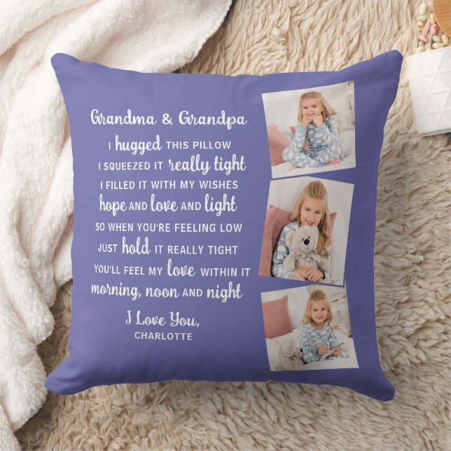 Modern Custom 3 Photo Grandma Grandpa Poem  Throw Pillow (Blanket)