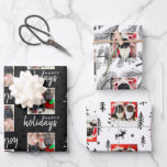 Modern Custom 3 Photo Pet Dog Holiday Wrapping Paper Sheet<br><div class="desc">Modern Custom 3 Photo Pet Dog Holiday design. Add (3) of your favourite photos to this collection. Modern black and white holiday sheets: Sheet 1: black on black polka dots; Sheet 2: pine needles; Sheet 3: cute hand drawn woodland scene. Photos courtesy @rockerandrebel ©Marisu Valencia</div>
