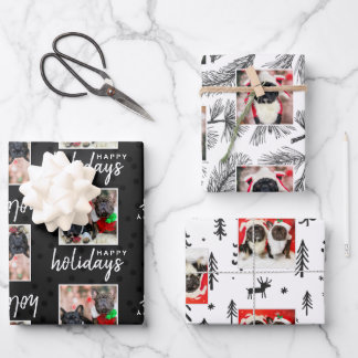 Modern Custom 3 Photo Pet Dog Holiday Wrapping Paper Sheet