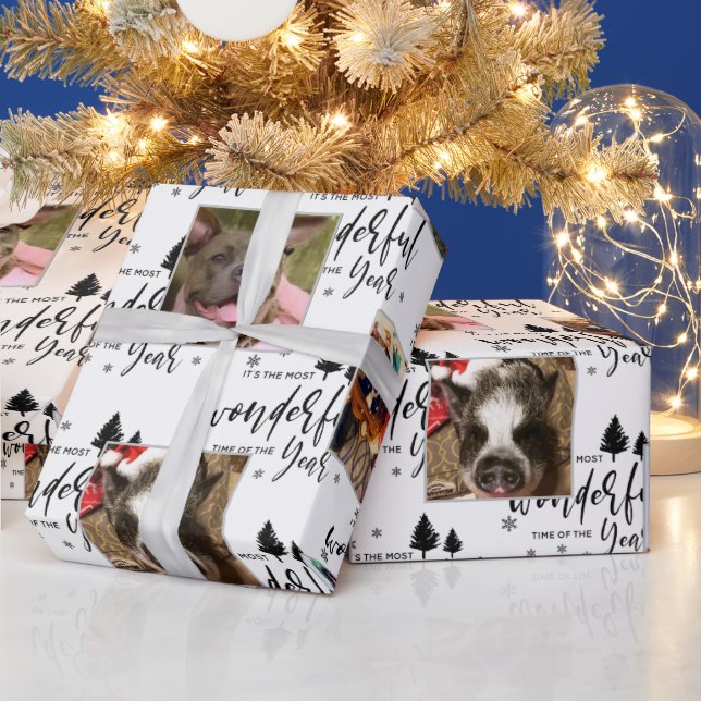 Modern Custom 6 Photo Dog Black White Typography Wrapping Paper (Holidays)