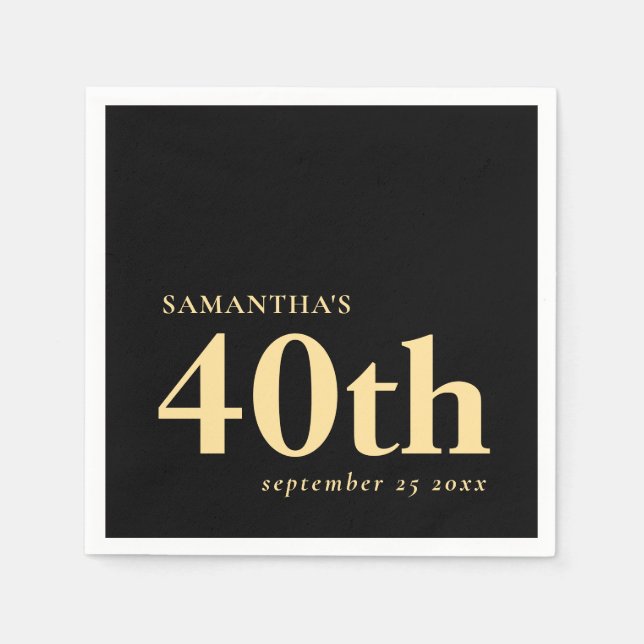 Modern Custom Black Gold 40th Name Date  Napkin (Front)