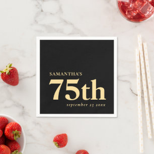 Modern Custom Black Gold 75th Name Date  Napkin