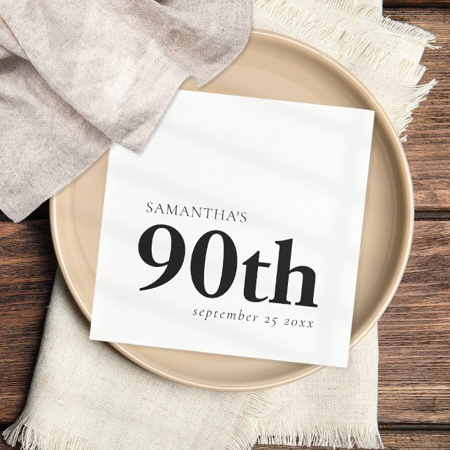 Modern Custom Black Text 90th Name Date  Napkin (Creator Uploaded)