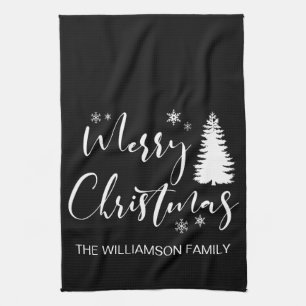 Modern Custom Black White Tree Merry Christmas Kitchen Towel