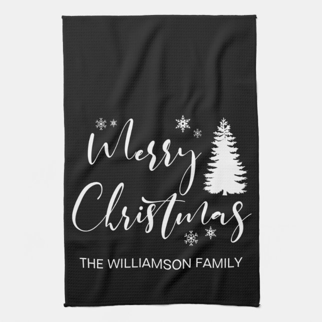 Modern Custom Black White Tree Merry Christmas Kitchen Towel (Vertical)