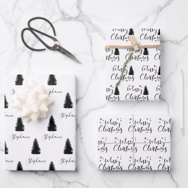 Modern Custom Black White Tree Merry Christmas Wrapping Paper Sheet (Front)