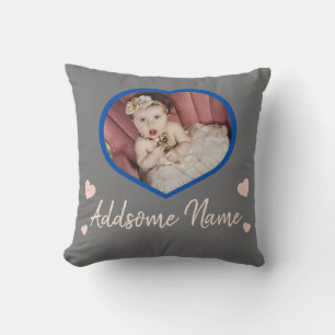 Modern Custom Blush Pink Grey Baby Photo Heart  Throw Pillow