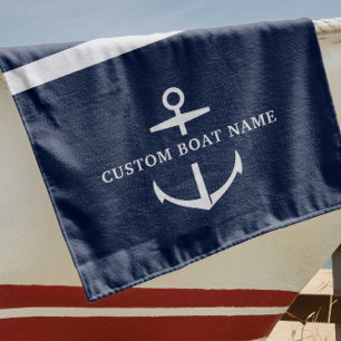 Modern Custom Boat Name Nautical Anchor Beach Towel