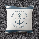 Modern Custom Boat Name Welcome Aboard Anchor Chic Throw Pillow<br><div class="desc">Modern minimalist custom boat name throw pillow in dusty blue with nautical stripes and anchor reading WELCOME ABOARD as well as name of marina,  dock,  yacht club,  or city.</div>