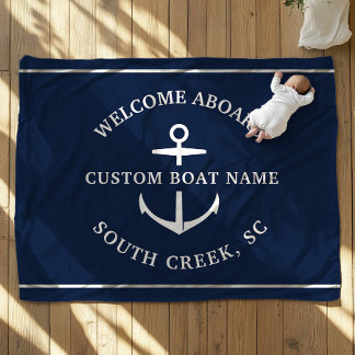 Modern Custom Boat Name Welcome Aboard Anchor Fleece Blanket