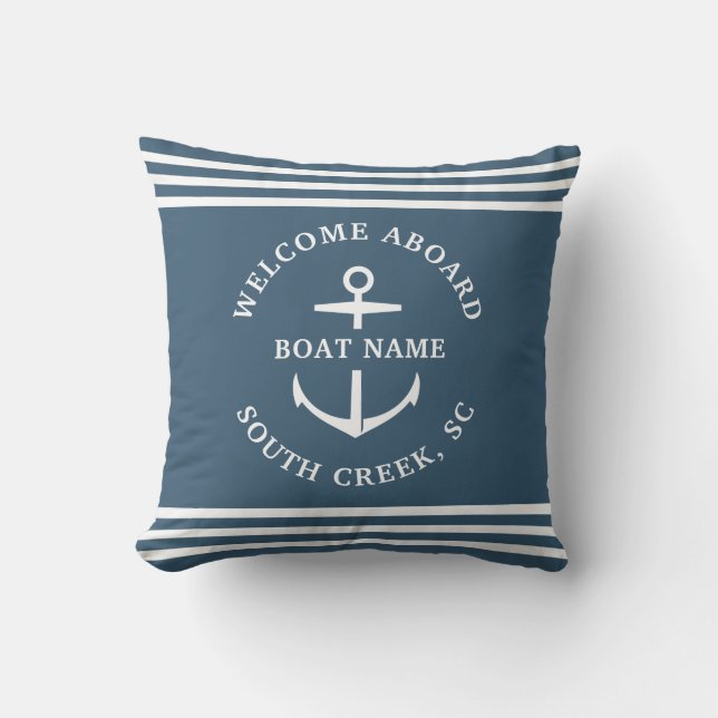 Modern Custom Boat Name Welcome Aboard Anchor Thro Throw Pillow (Front)
