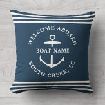 Modern Custom Boat Name Welcome Aboard Anchor Throw Pillow<br><div class="desc">Modern minimalist custom boat name throw pillow in dusty blue with nautical stripes and anchor reading WELCOME ABOARD as well as name of marina,  dock,  yacht club,  or city.</div>