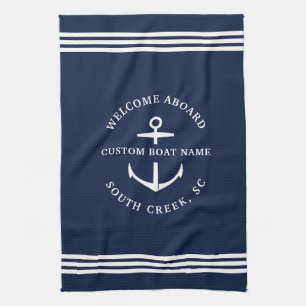 Modern Custom Boat Name Welcome Aboard Nautical Kitchen Towel