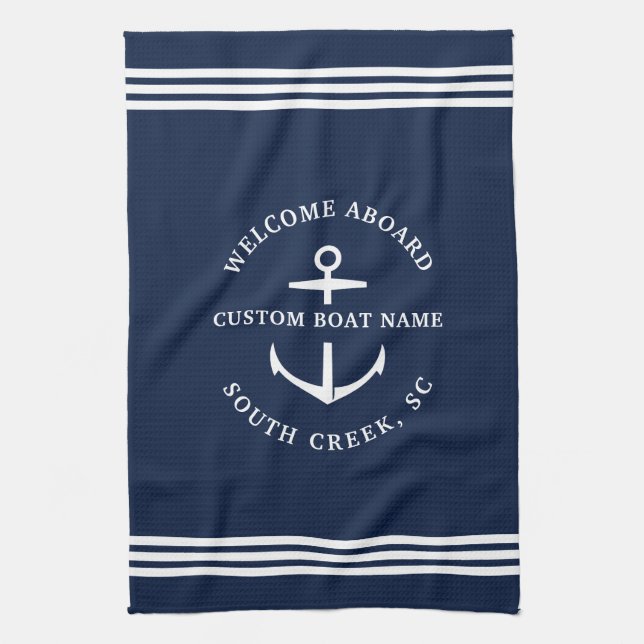 Modern Custom Boat Name Welcome Aboard Nautical Kitchen Towel (Vertical)