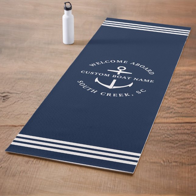 Modern Custom Boat Name Welcome Aboard Nautical Yoga Mat (Creator Uploaded)