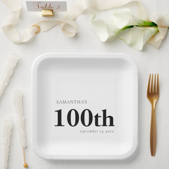 Modern Custom Bold Black Text 100th Name Date  Paper Plate (Wedding)