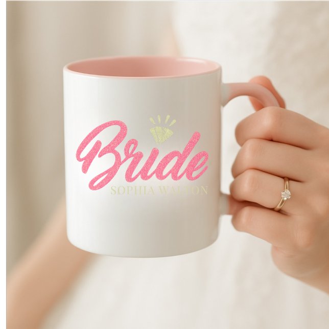Modern Custom Bride Name Pink Glittery Diamond Mug (Modern wedding custom bride name mug)
