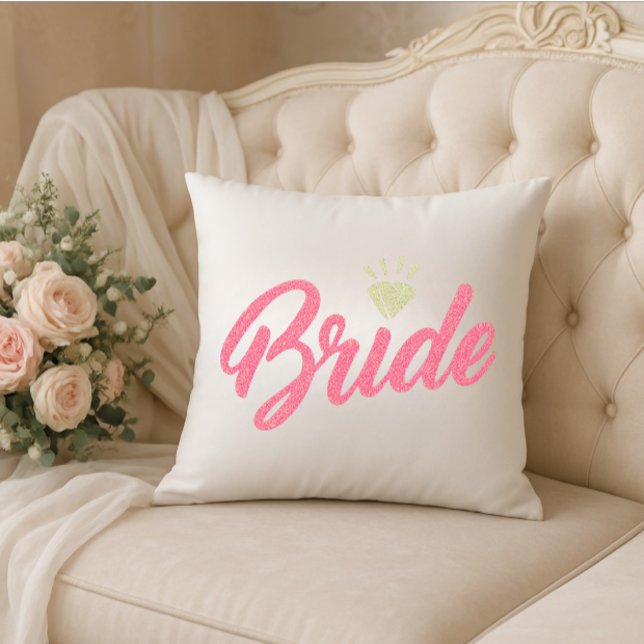 Modern Custom Bride Name Pink Glittery Diamond  Throw Pillow (Modern bride pillow )