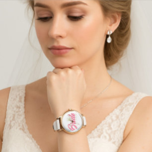 Modern Custom Bride Name Pink Glittery Diamond Watch