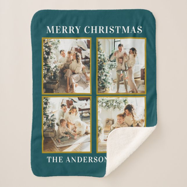 Modern Custom Christmas Family Photo Collage Teal Sherpa Blanket (Front)