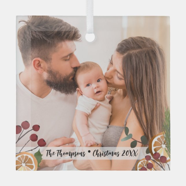 Modern Custom Christmas family photo Foliage Glass Ornament (Front)
