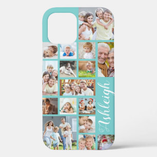Modern Custom Colour 16 Photo Collage Aqua Teal iPhone 12 Case