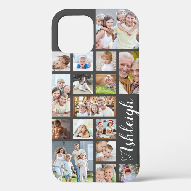 Modern Custom Colour 16 Photo Collage Script Name Case-Mate iPhone Case (Back)