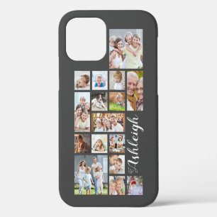 Modern Custom Colour 16 Photo Collage Script Name iPhone 12 Case