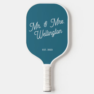Modern Custom Colour Teal Script Wedding Couple Pickleball Paddle