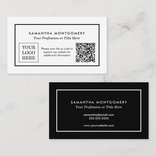 Modern Custom Company Logo QR Code Black White Business Card (Front/Back)