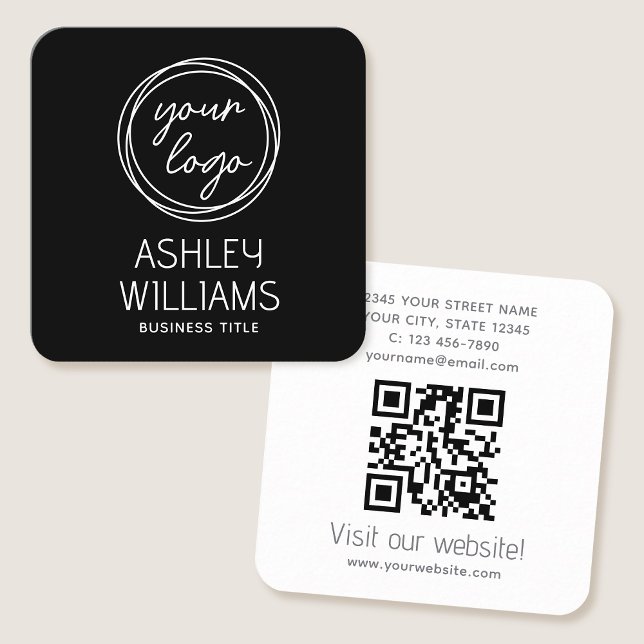 Modern Custom Company Logo QR Code Elegant Black Square Business Card (Creator Uploaded)