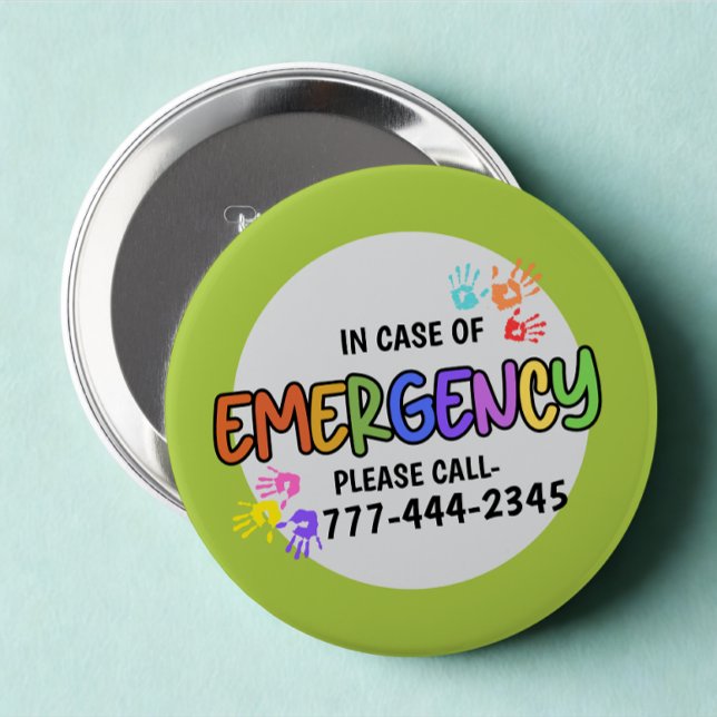 Modern Custom Emergency Id Number Colourful Hand 4 Inch Round Button (Modern custom missing kids id badge button)