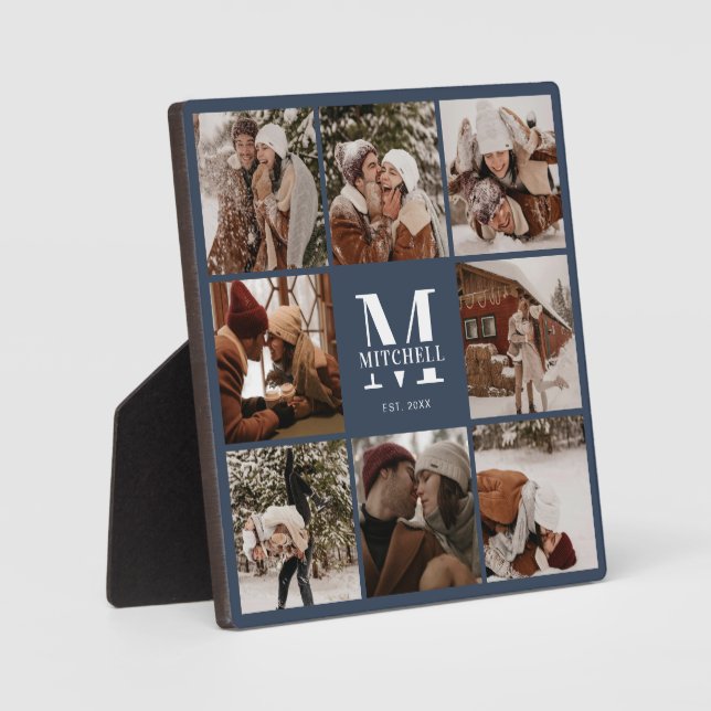Modern Custom Family Photo Collage | Monogram Navy Plaque (Front)