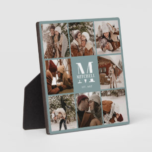 Modern Custom Family Photo Collage   Monogram Sage Plaque