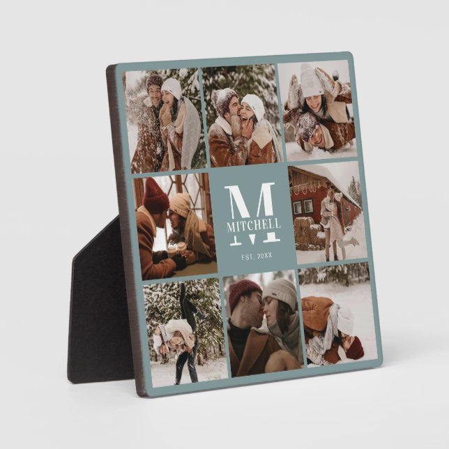 Modern Custom Family Photo Collage | Monogram Sage Plaque (Front)