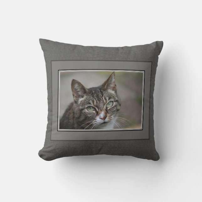 Modern custom family photo dark grey burlap throw pillow (Front)