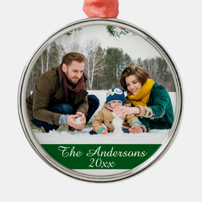 Modern Custom Family Photo Silver Metal Ornament (Front)