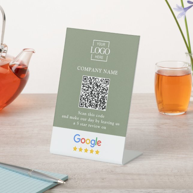Modern Custom Google Reviews QR Code Business Logo Pedestal Sign (In SItu)
