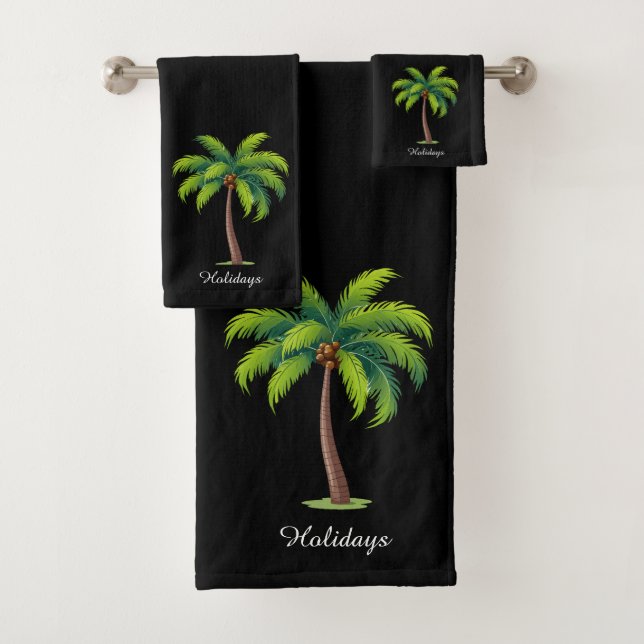 Modern Custom Green Palm Tree & Script on Black Bath Towel Set (Insitu)