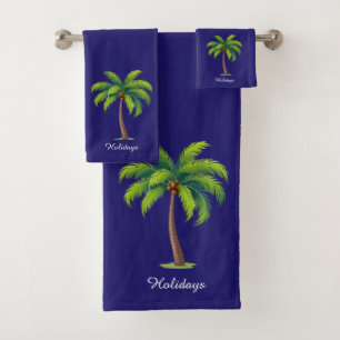 Modern Custom Green Palm Tree & Script on Blue Bath Towel Set