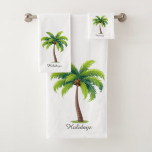 Modern Custom Green Palm Tree & Script on White Bath Towel Set
