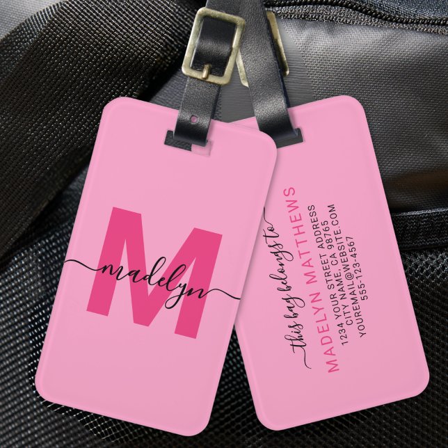 Modern Custom Hot Pink Monogram  Luggage Tag (Modern Custom Girly Hot Pink Monogram Name Luggage Tag)