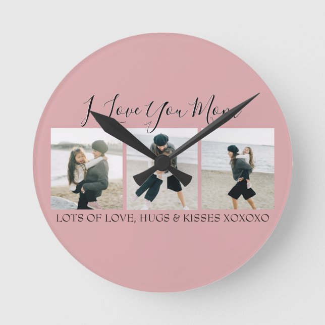 Modern Custom I Love You Mom | 3 Photo Round Clock (Front)