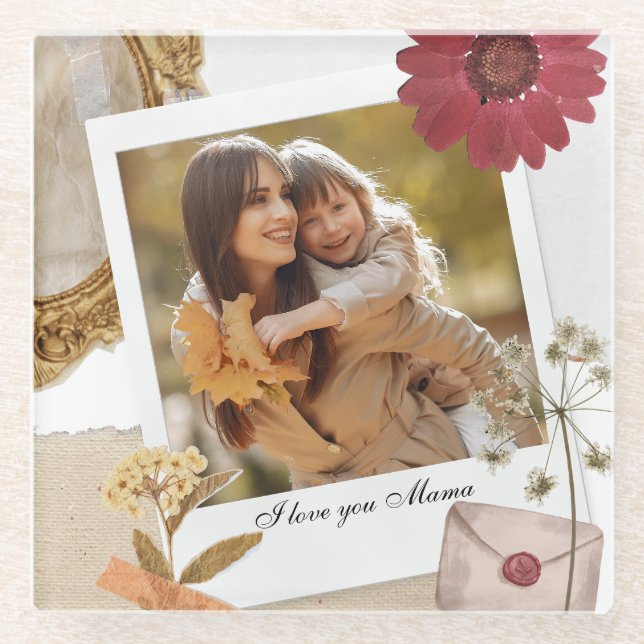 Modern Custom I Love You Mom Photo Glass Coaster (Front)